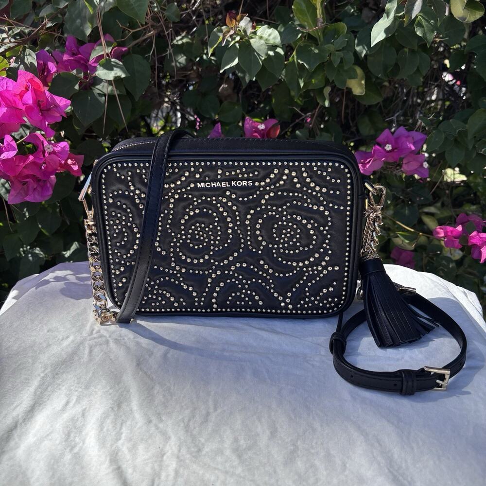Michael Kors Ginny Leather Crossbody Bag Purse Black Gold Studded